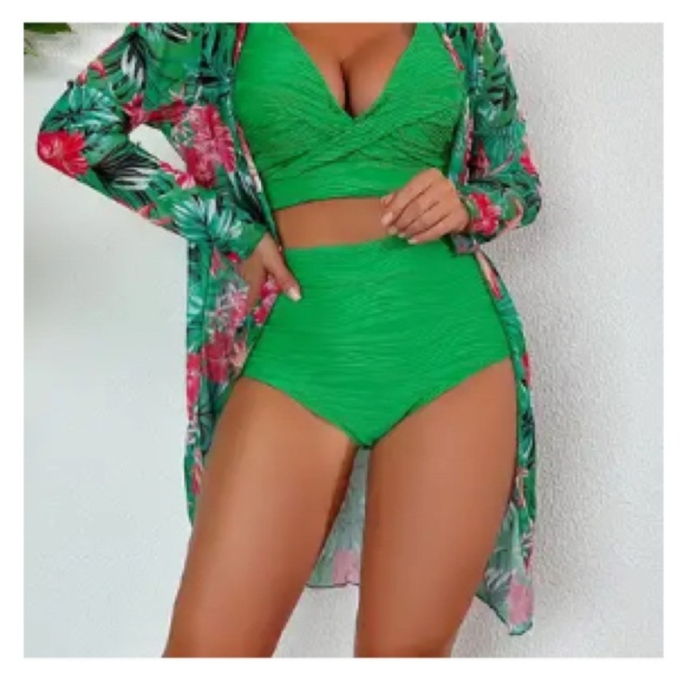 3 Piece Vibrant Green Swimsuit with Floral Cover-Up